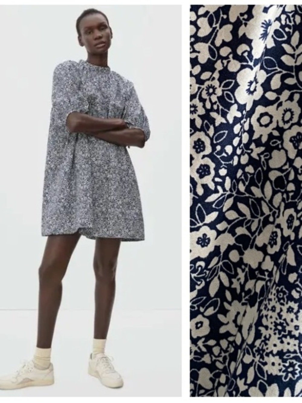 Everlane Navy Blue White The Shirred Floral Mini Dress Medium
